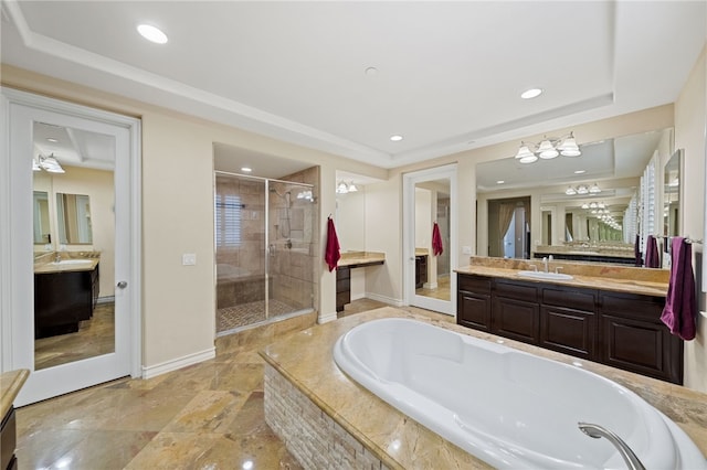 2514 Bulrush Cir, Corona, CA 92882 - bathroom featuring a shower stall, a bath, vanity, recessed lighting, and baseboards