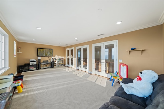 2514 Bulrush Cir, Corona, CA 92882 - game room featuring french doors, recessed lighting, carpet, crown molding, and baseboards