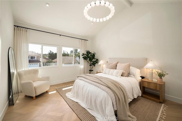 bedroom featuring high vaulted ceiling, beamed ceiling, and baseboards