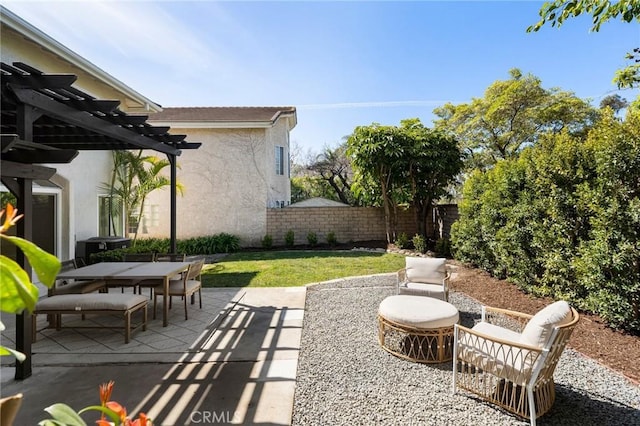 view of patio / terrace featuring outdoor dining space, fence, and a pergola