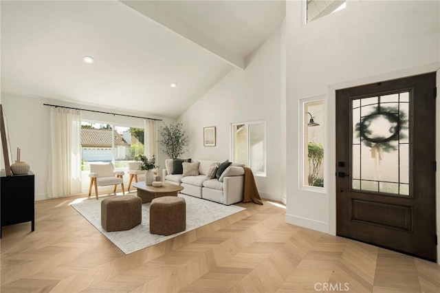 living room with baseboards, high vaulted ceiling, beam ceiling, and recessed lighting