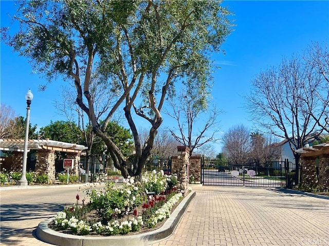 view of street featuring a gate, a gated entry, and curbs