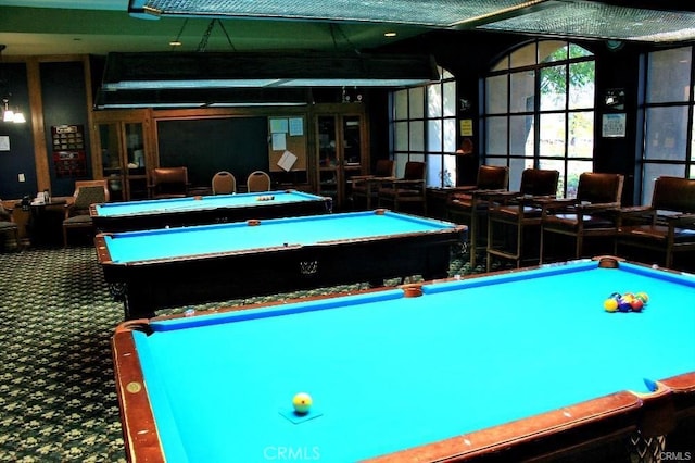 playroom featuring pool table and carpet floors