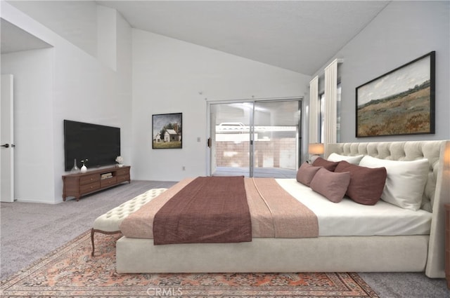 bedroom featuring access to exterior, carpet flooring, and high vaulted ceiling