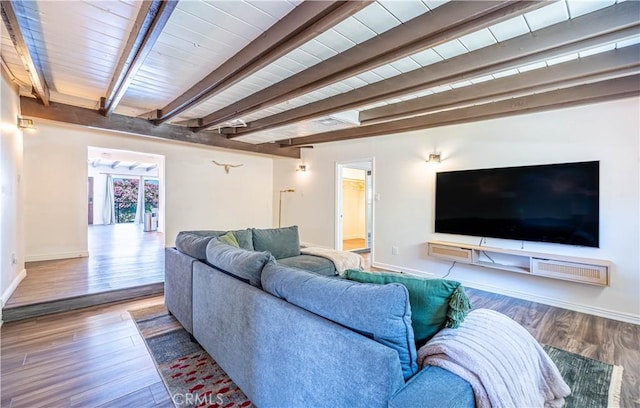 living room featuring beamed ceiling, wood finished floors, wood ceiling, and baseboards