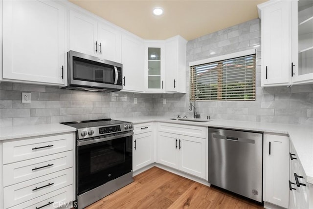 kitchen with light wood finished floors, stainless steel appliances, a sink, and light countertops