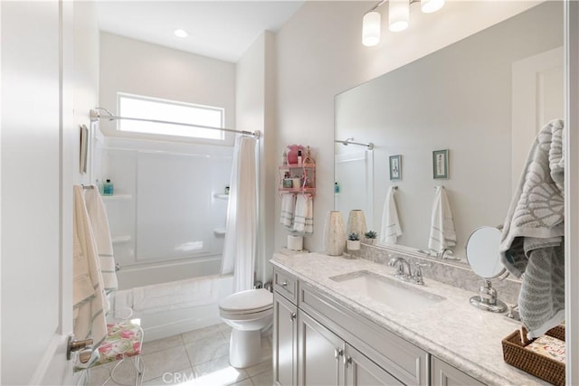 24674 Crestley Dr, Corona, CA 92883 - bathroom featuring shower / tub combo, vanity, toilet, and tile patterned floors
