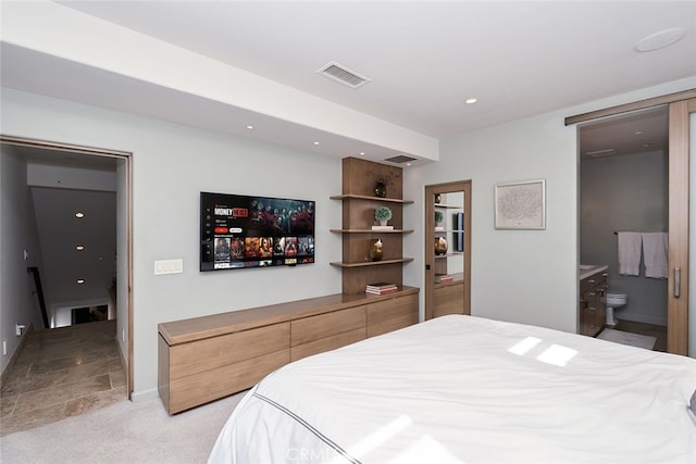 bedroom featuring visible vents, baseboards, connected bathroom, light colored carpet, and recessed lighting