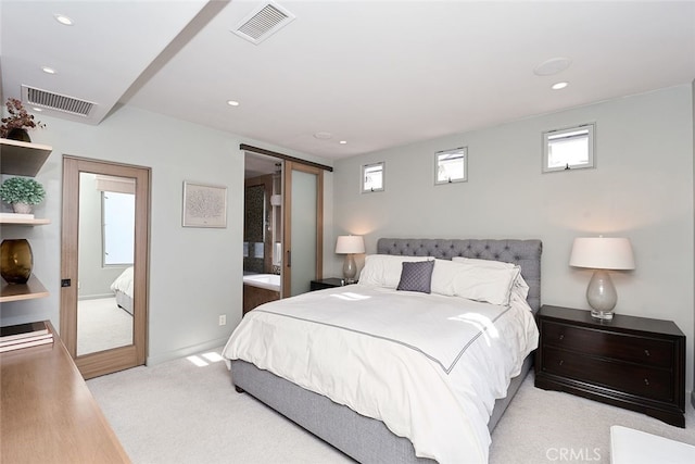 carpeted bedroom featuring recessed lighting, visible vents, and baseboards