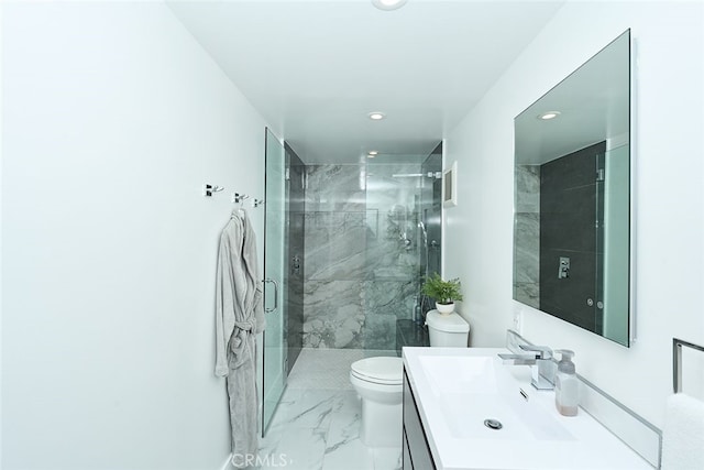 full bathroom with marble finish floor, recessed lighting, toilet, a stall shower, and vanity