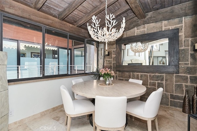 dining area with wooden ceiling, beam ceiling, and an inviting chandelier