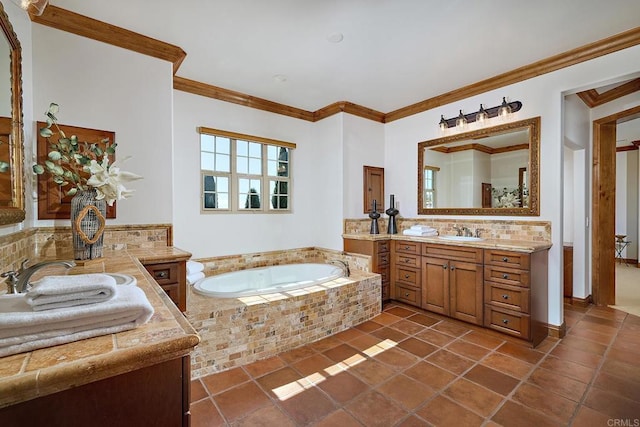 full bathroom with a bath, tile patterned flooring, and ornamental molding