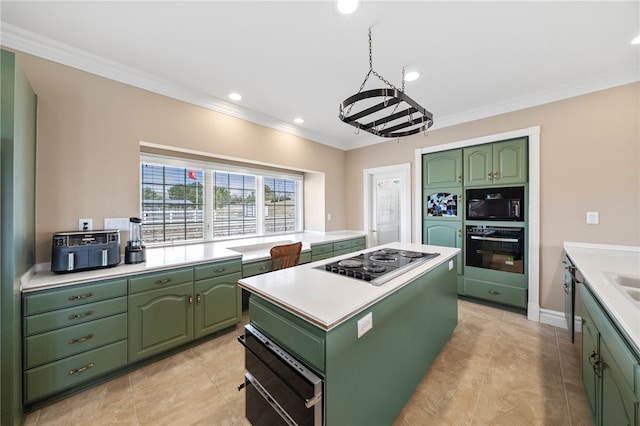 kitchen featuring black appliances, a kitchen island, green cabinets, and light countertops