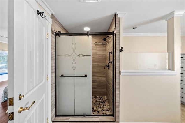 39725 Ivan Dr, Anza, CA 92539 - bathroom featuring a tile shower and ornamental molding
