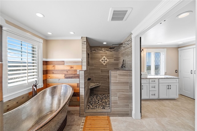 39725 Ivan Dr, Anza, CA 92539 - full bath with recessed lighting, a tile shower, a freestanding bath, ornamental molding, and tile patterned floors
