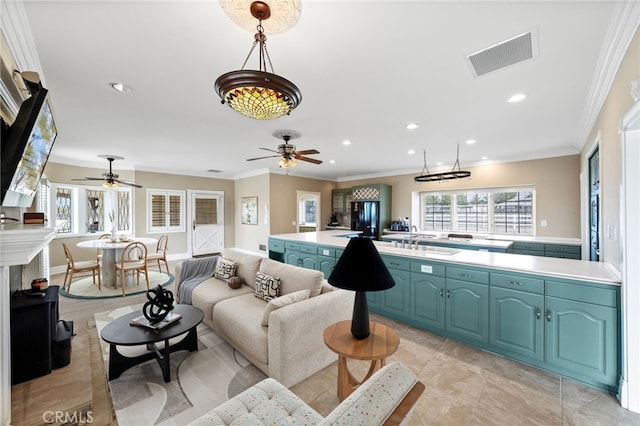 39725 Ivan Dr, Anza, CA 92539 - living room with a ceiling fan, crown molding, recessed lighting, and light tile patterned floors
