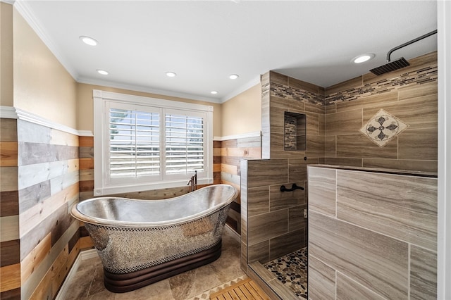 bathroom featuring a freestanding tub, ornamental molding, walk in shower, and recessed lighting