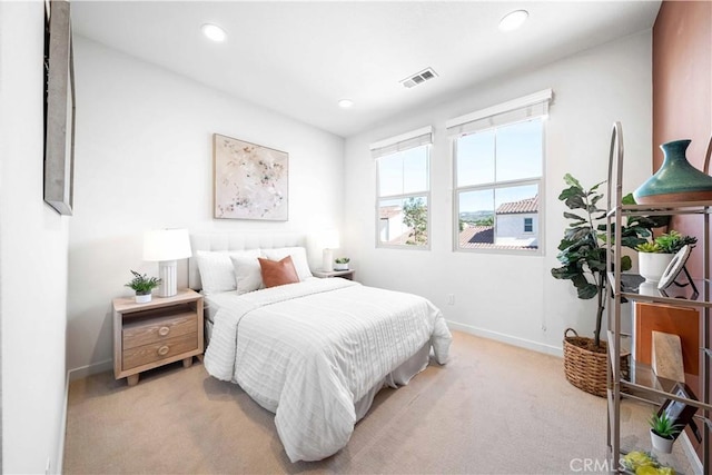 bedroom with carpet flooring, baseboards, and recessed lighting