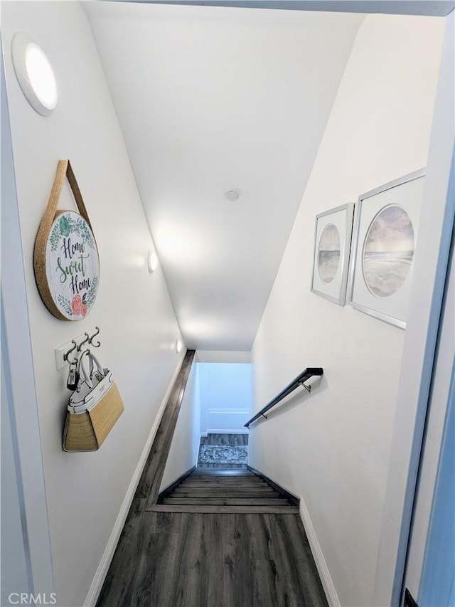 stairs with baseboards and wood finished floors