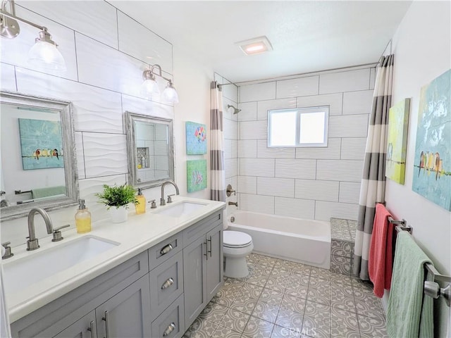 full bathroom with radiator heating unit, a sink, toilet, and shower / tub combo with curtain