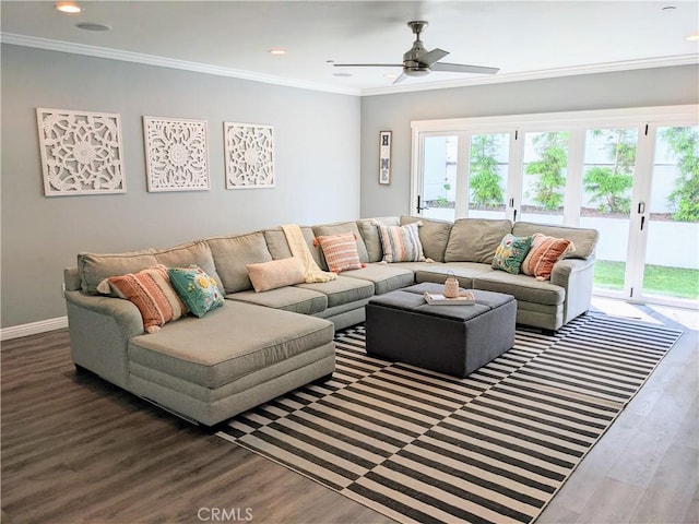 1216 11th St, Hermosa Beach, CA 90254 - living area featuring baseboards, ornamental molding, wood finished floors, and recessed lighting