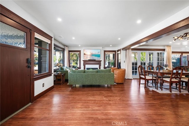 living room featuring a healthy amount of sunlight, a fireplace, and wood finished floors