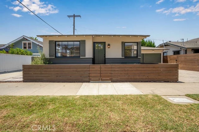 view of front of house with a fenced front yard and stucco siding