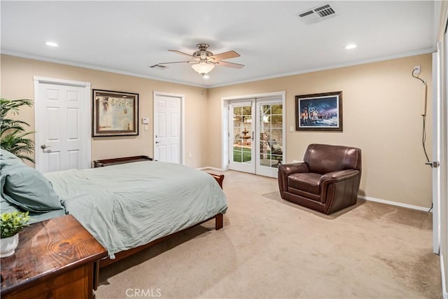 carpeted bedroom featuring crown molding, visible vents, and access to exterior