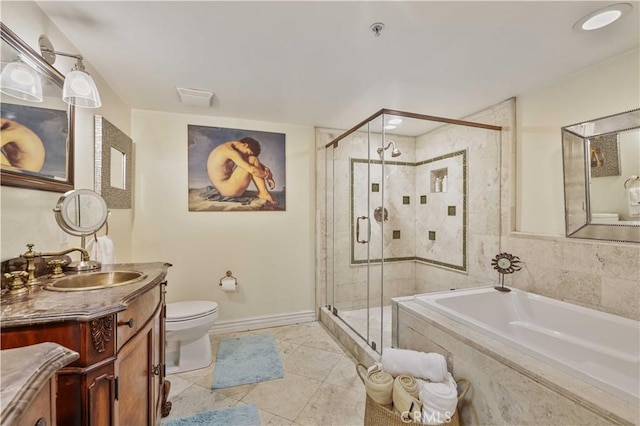 bathroom featuring visible vents, toilet, vanity, a shower stall, and a bath