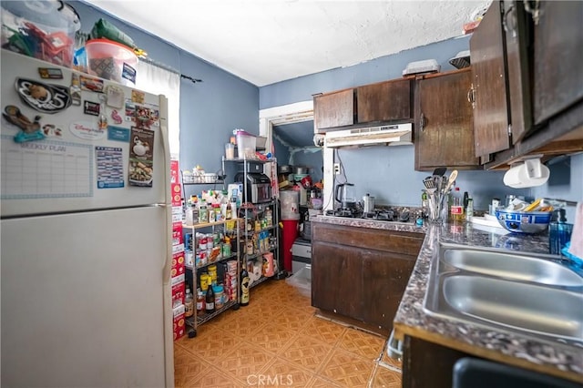 2359 Glover Pl, Los Angeles, CA 90031 - kitchen with under cabinet range hood, a sink, dark countertops, freestanding refrigerator, and dark brown cabinets