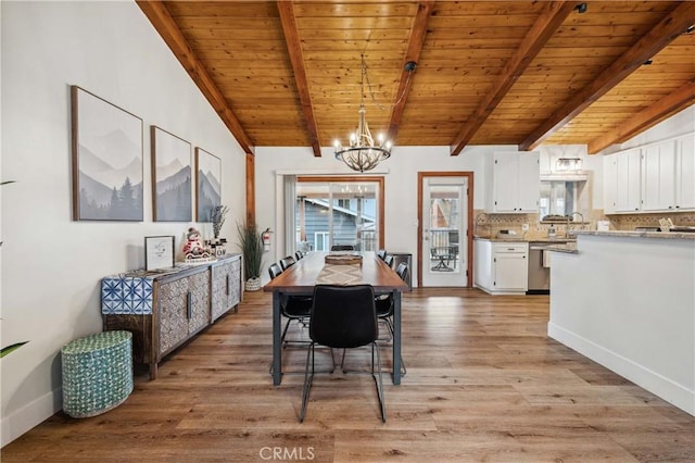 dining area featuring a healthy amount of sunlight, a notable chandelier, lofted ceiling with beams, and light wood finished floors