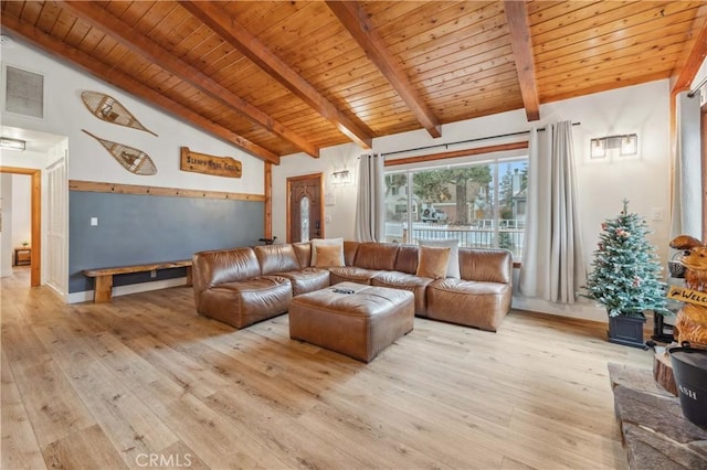 living area featuring high vaulted ceiling, beam ceiling, light wood-type flooring, and wooden ceiling