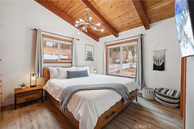 bedroom featuring lofted ceiling with beams, wooden ceiling, a notable chandelier, and wood finished floors