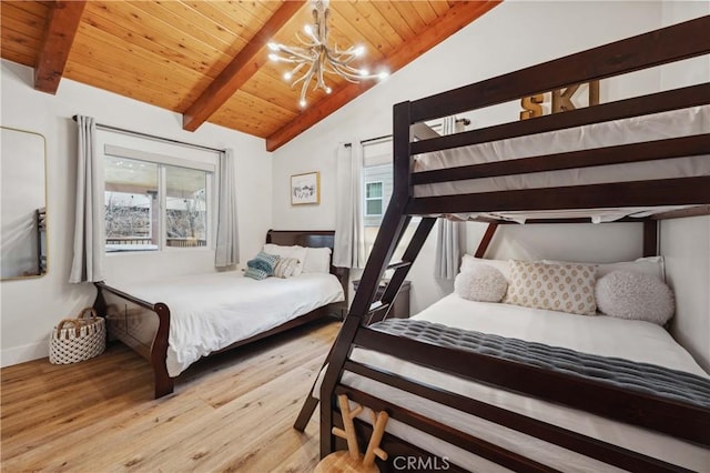 bedroom with wood ceiling, multiple windows, vaulted ceiling with beams, and an inviting chandelier