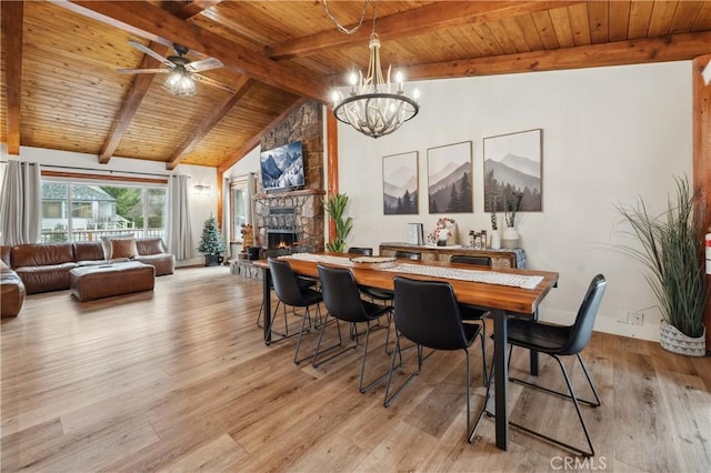 dining room featuring a stone fireplace, beam ceiling, wood finished floors, and wood ceiling