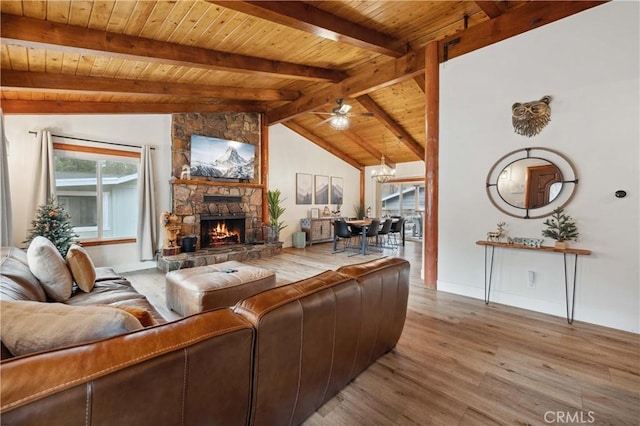 living room with vaulted ceiling with beams, wooden ceiling, a fireplace, and wood finished floors