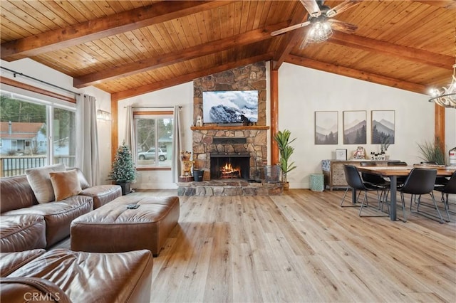 living area with wooden ceiling, hardwood / wood-style floors, vaulted ceiling with beams, a fireplace, and ceiling fan with notable chandelier