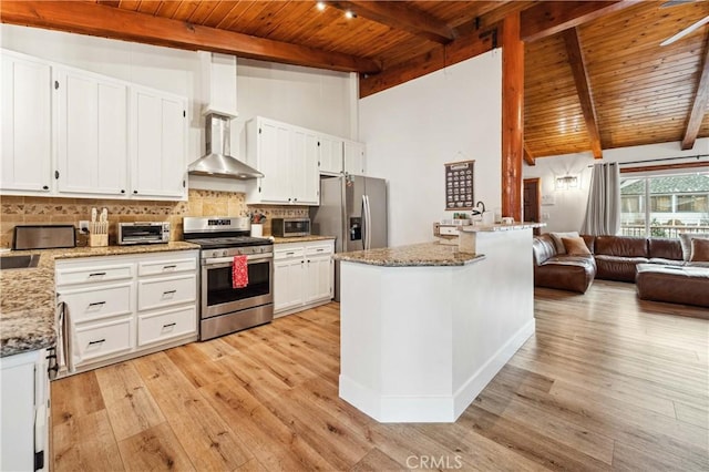 kitchen featuring stainless steel appliances, white cabinets, wall chimney exhaust hood, and tasteful backsplash