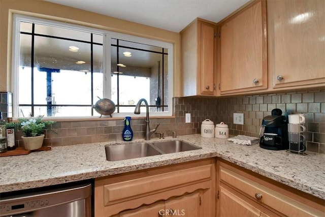 kitchen featuring a sink, light stone countertops, decorative backsplash, and stainless steel dishwasher