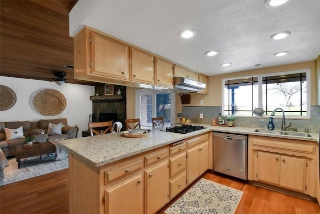 kitchen with light wood-style flooring, stainless steel dishwasher, a sink, black gas stovetop, and a peninsula