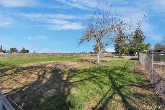 view of yard with fence and a rural view