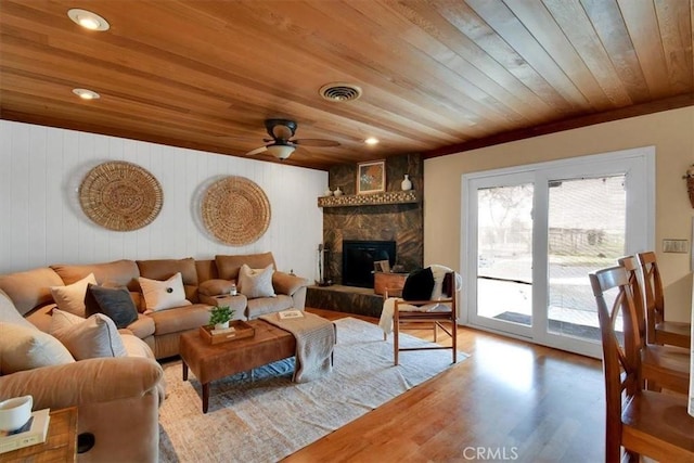 living area featuring visible vents, wooden ceiling, wood finished floors, a fireplace, and recessed lighting