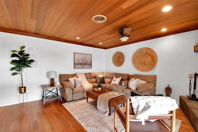 living room with visible vents, a ceiling fan, wooden ceiling, wood finished floors, and recessed lighting