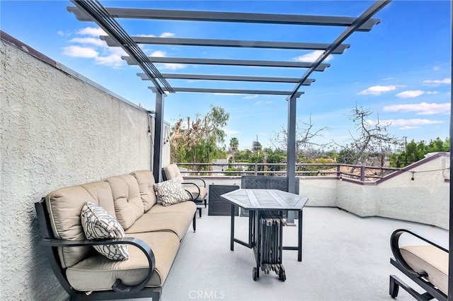 view of patio with an outdoor hangout area, a balcony, and a pergola