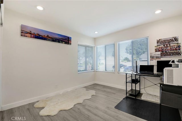 office area featuring plenty of natural light, baseboards, and wood finished floors