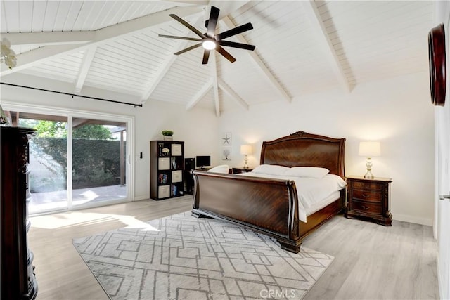 bedroom with light wood finished floors, access to outside, and beam ceiling