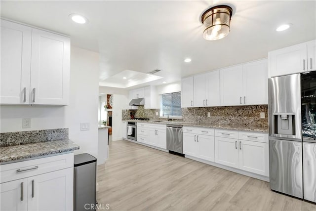 kitchen with under cabinet range hood, light wood-style floors, appliances with stainless steel finishes, backsplash, and a raised ceiling