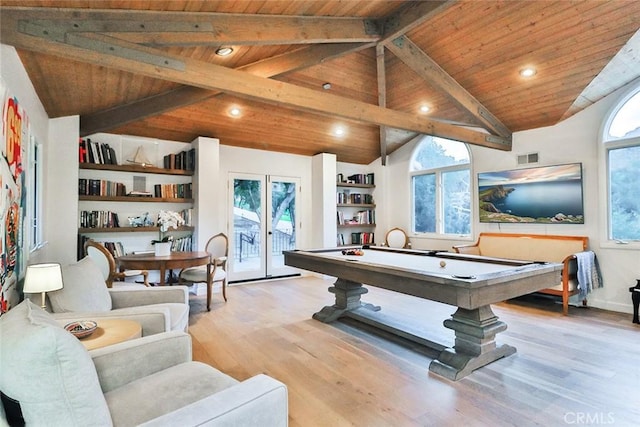 game room featuring vaulted ceiling with beams, wooden ceiling, light wood-style flooring, recessed lighting, and billiards