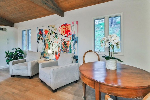 living room with vaulted ceiling with beams, wooden ceiling, visible vents, and light wood finished floors