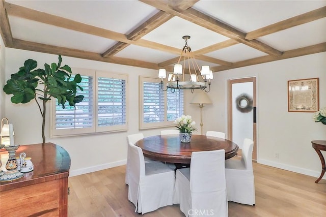 dining room with light wood-style floors, a chandelier, coffered ceiling, beamed ceiling, and baseboards